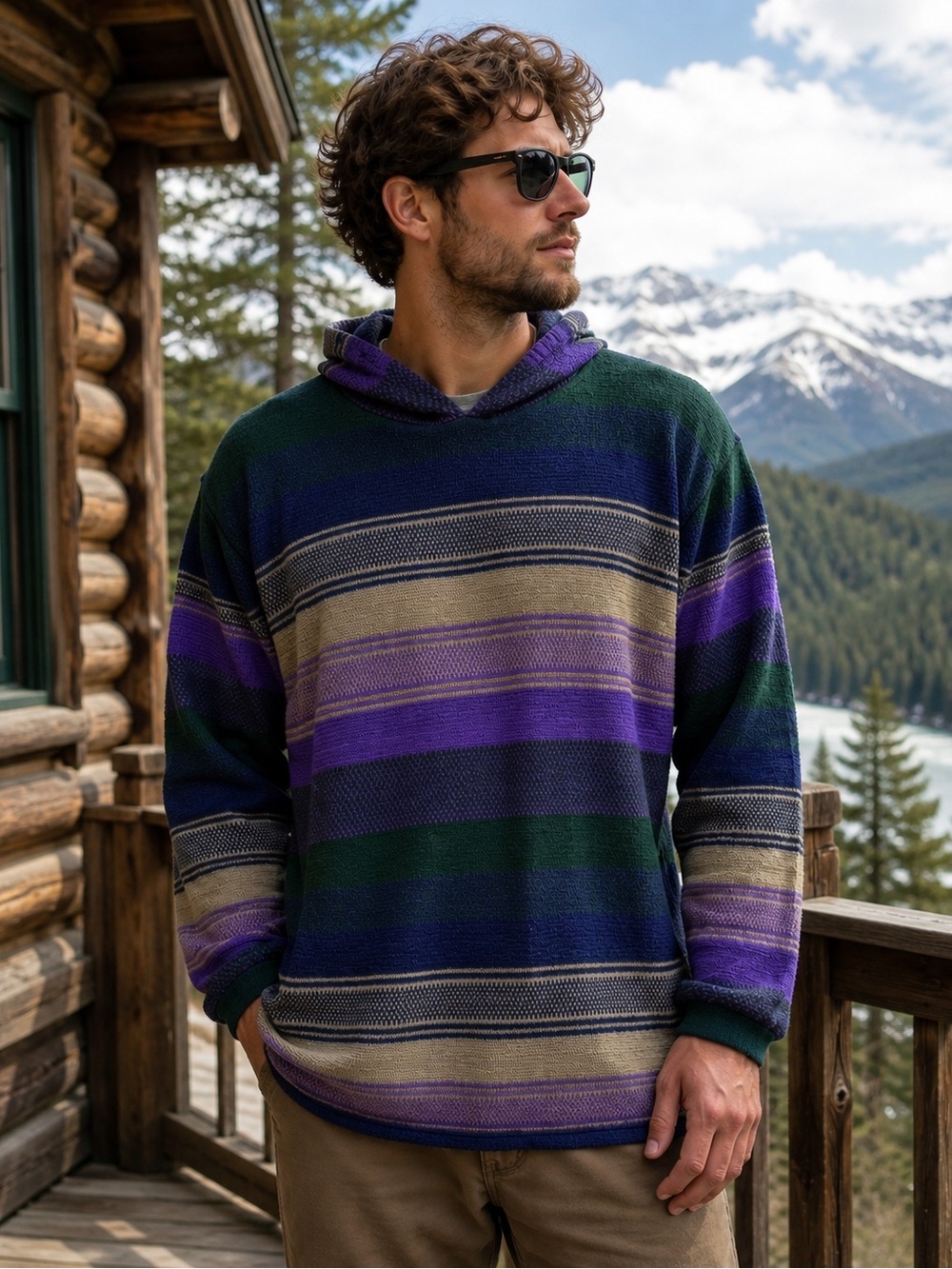 VTG 90s PAZZO Hooded Baja Sweater Purple Green Oatmeal Striped Skater Streetwear